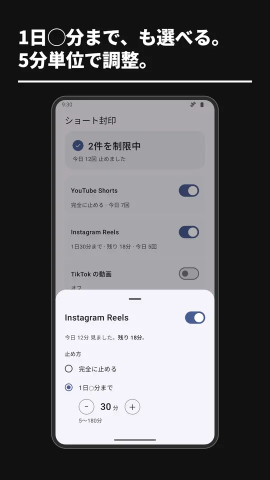 対象の設定。完全に止めるか、1日30分までの時間制限かを選ぶ画面